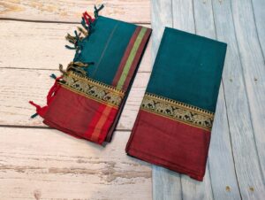 BOTTLE GREEN -  Narayanpeth Dress Material with Traditional Thread woven Border